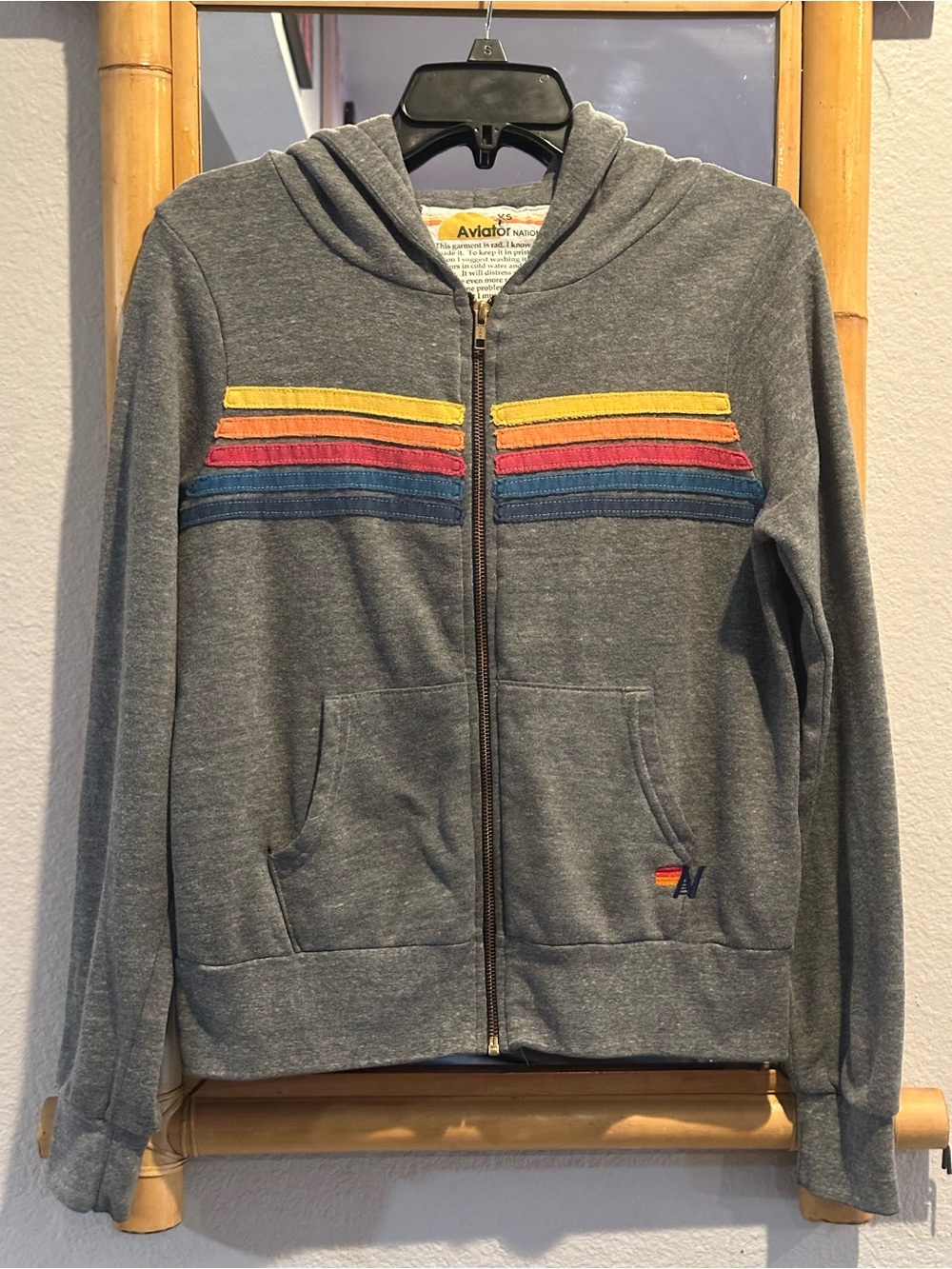 Aviator Nation grey zip up, 5 horizontal stripes / GUC